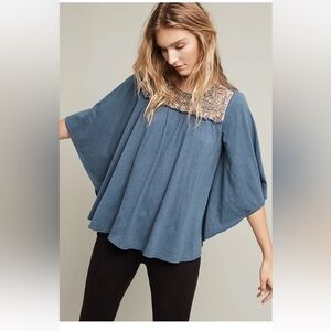 Deletta Blue Blouse with Embellished Yoke Josephine Top Large